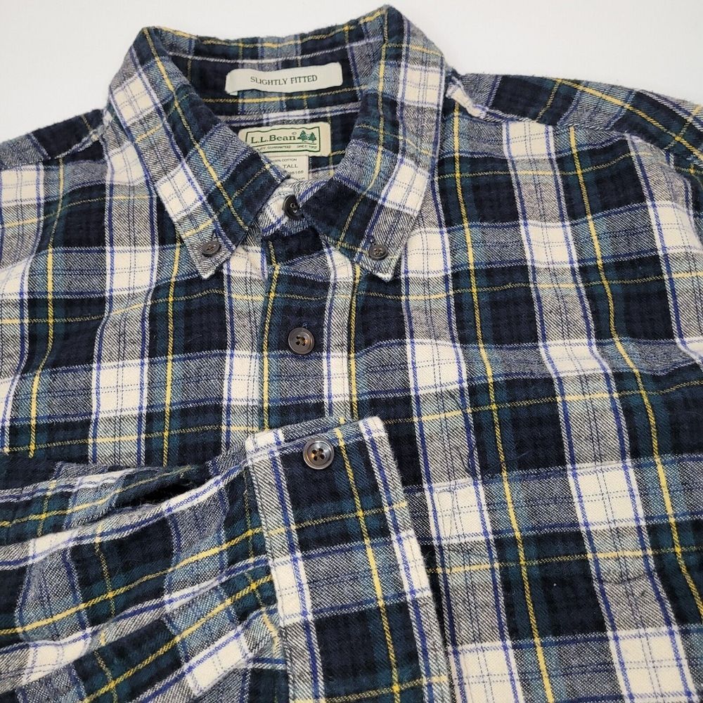 L.L. Bean Flannel‎ Shirt Mens L Tall Navy Blue Plaid Excellent Slightly Fitted